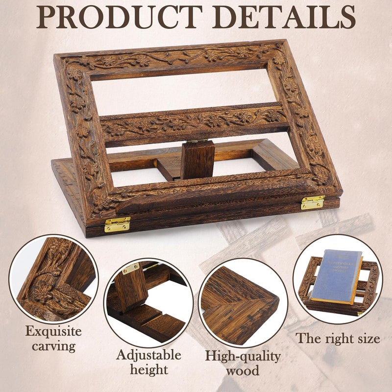 DoubleFill حامل الكتاب المقدس الخشبي القابل للتعديل، حامل الكتاب المقدس المنحوت، حامل الميسال، عرض الكتاب للقراءة، قابل للطي، حامل الكتاب المقدس الخشبي للصلاة، 12.99 × 10.04 بوصة (بني داكن) - Image 3